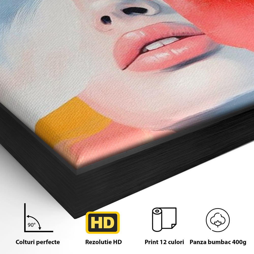 Detaliu al suprafetei: tablou canvas cu fata de femeie si flori pictate, in rama de aluminiu negru